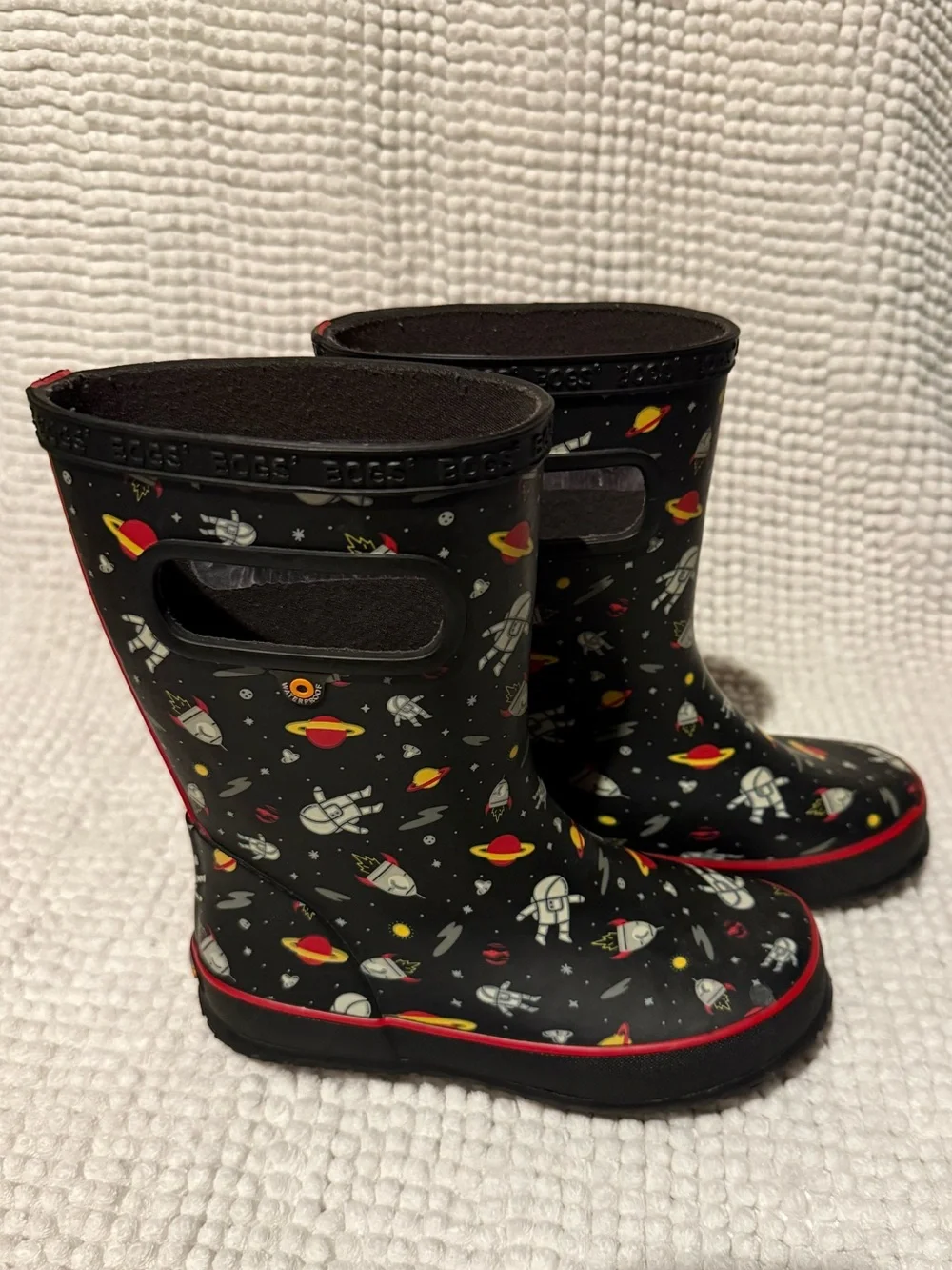 BOGS Kids Black Space-Print Rain Boots with Red Trim